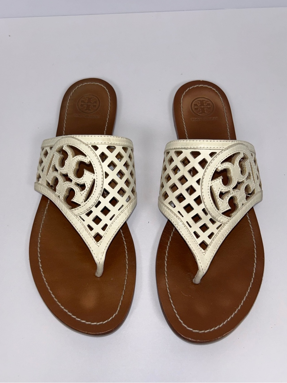 Tory Burch Beige Thatched Perf Cut-Out Leather Sandals Women’s 9.5 Brown Footbed